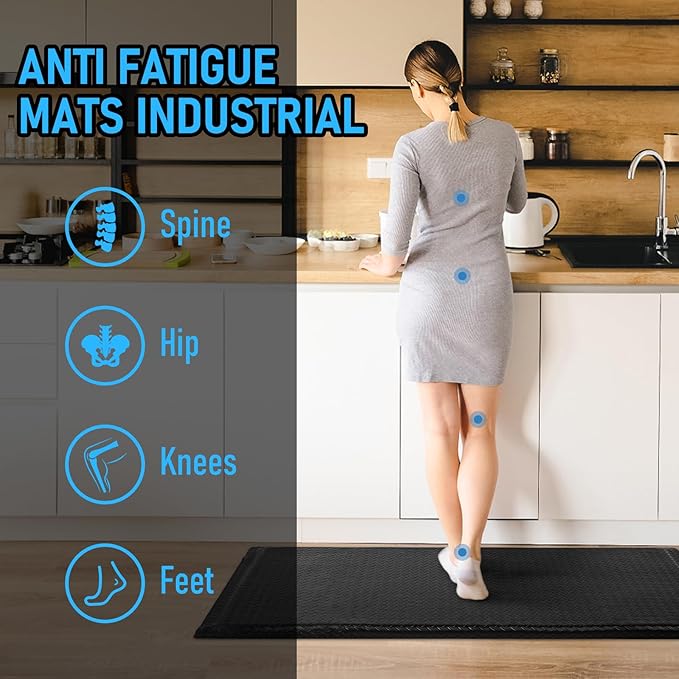2 x 5 FT Anti Fatigue Mats Industrial 15/16 Inch Thick Soft Sponge Ergonomic Mat Durable Heavy Duty Diamond Plate for Standing Non Slip Industrial Grade Floor Mat for Leg & Back Pain (Black)