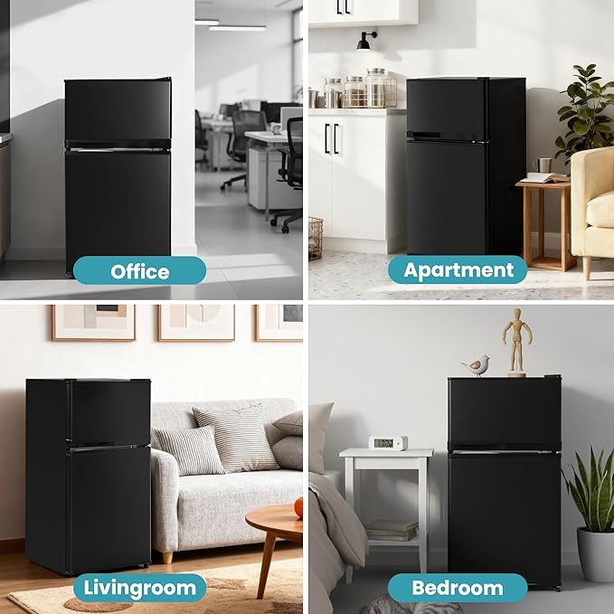 Double Door Refrigerator with Freezer, 3.55 Cu.Ft, Small Fridge with Freezer, 7 Settings Temperature Adjustable, Mini Refrigerator for Office and Apartment Bedroom Dorm(3.55 Cu.Ft, Black)