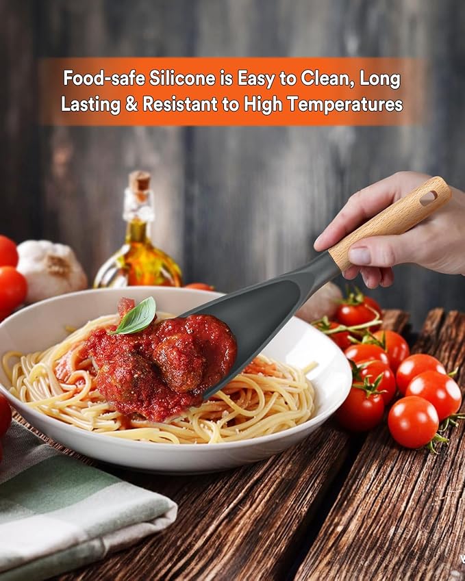 Cooking Spoon for Nonstick Cookwares, Great for Cooking and Serving Sturdy BPA-Free Matte Silicone, Wood Handle Spoon for Mixing, Scoop, and Scrape (GREY, 11.4 inch)