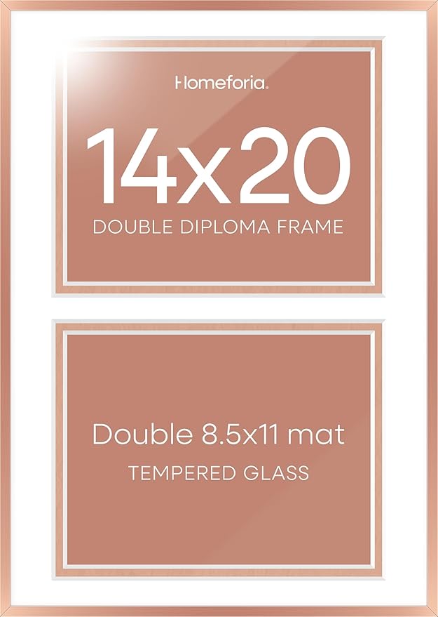 Homeforia 14x20 Double Diploma Frame, High End Metal 14 x 20 Rose Gold Certificate Frames with Mat for Two 8.5x11 Diplomas, 20x14 Dual Award Graduation Matted Frame, Tempered Glass, Wall Kit, Set of 1