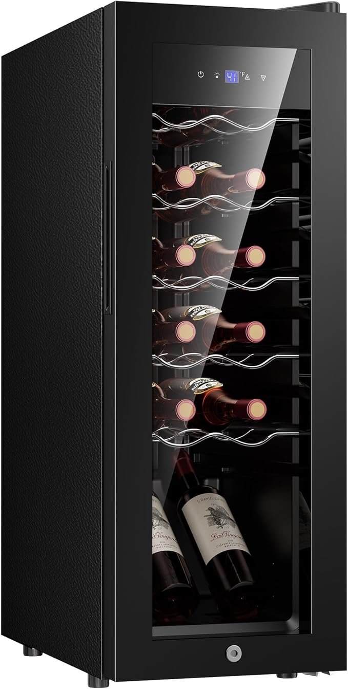 12 Bottle Compressor Wine Cooler Refrigerator, Freestanding Wine Cellar with Glass Door & Safety Lock, Wine Fridge with 37°F-64°F Digital Temperature Control for Red, White, Champagne, Black