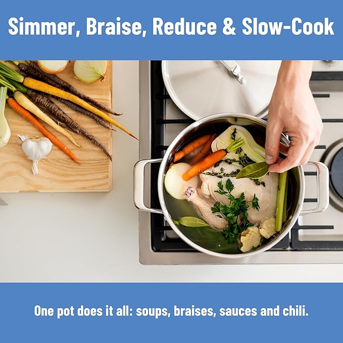 Misen 5-Ply Stainless Steel Stockpot – Large Cooking Pot for Boiling, Simmering & Stewing - Consistent, Even Heating - Durable, Dishwasher Safe – Oven-Safe to 800F, Induction Ready - 8 QT