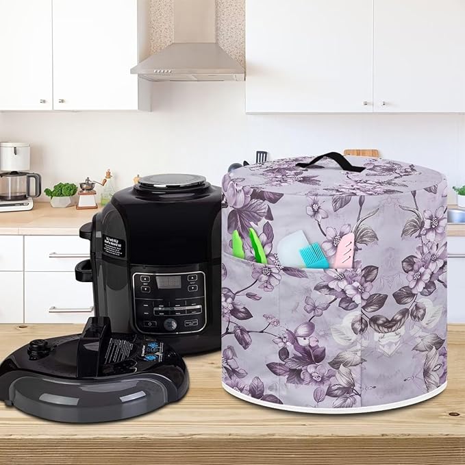 Purple Flower Pressure Cooker Cover for Women Dust Protection Insulated Rice Cooker Cover with Easy to Clean Lining Dust Cover with Pockets for Instant Pot 8 Quart Appliance Cover