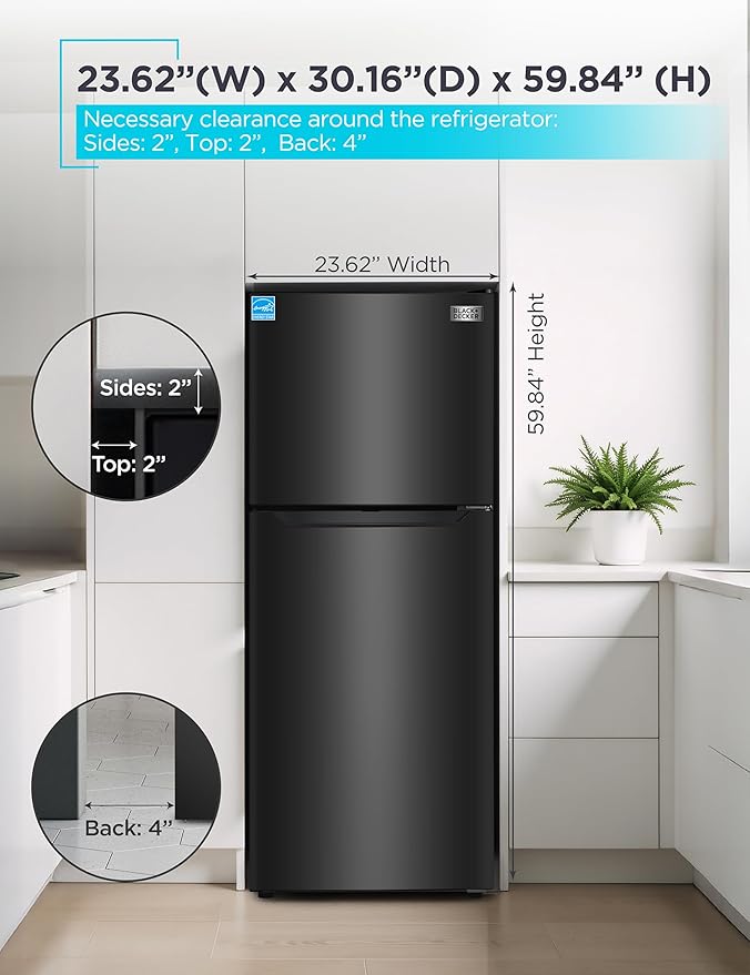 BLACK+DECKER 12.1 Cu. Ft. Top Mount Refrigerator with Freezer, 2 Door Refrigerator with Top Freezer and Adjustable Temperature Control, For Homes and Apartments, ENERGY STAR, BR1210HB, Black