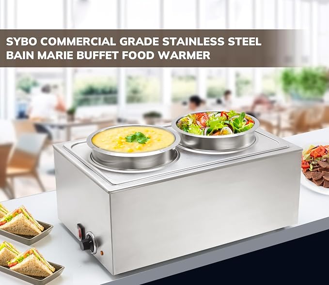 SYBO Commercial Grade Stainless Steel Bain Marie Buffet Food Warmer Steam Table for Catering and Restaurants (2 Round Pots)