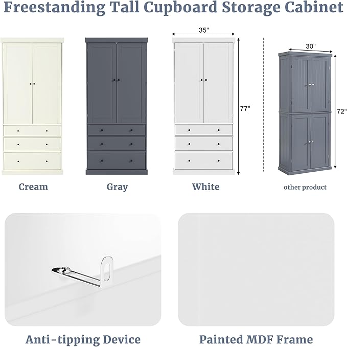 Merax 77" Tall Kitchen Storage Cabinet Pantry Farmhouse Freestanding Large Cupboardwith 3 Drawers,3 Adjustable Shelves,8 Door-Shelf for Dining Room,White