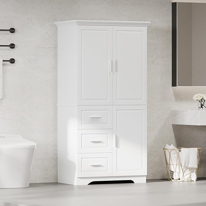 62.5" Storage Cabinet with Doors and Drawers, Kitchen Pantry Cupboard Shelf Organizers for Home, Bathroom and Living Room, Solid Wood Legs, Gray