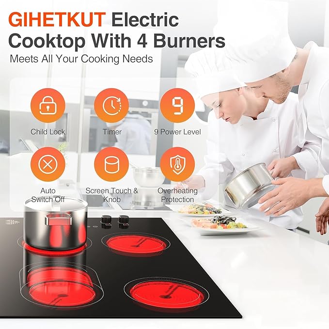 4 Burner Electric Cooktop,7200W Built-in & Countertop 30 inch stove top with 9 Power Levels, Child Safety Lock & 99 mins Timer, 30 inch Electric Cooktop 220-240V (No Plug)