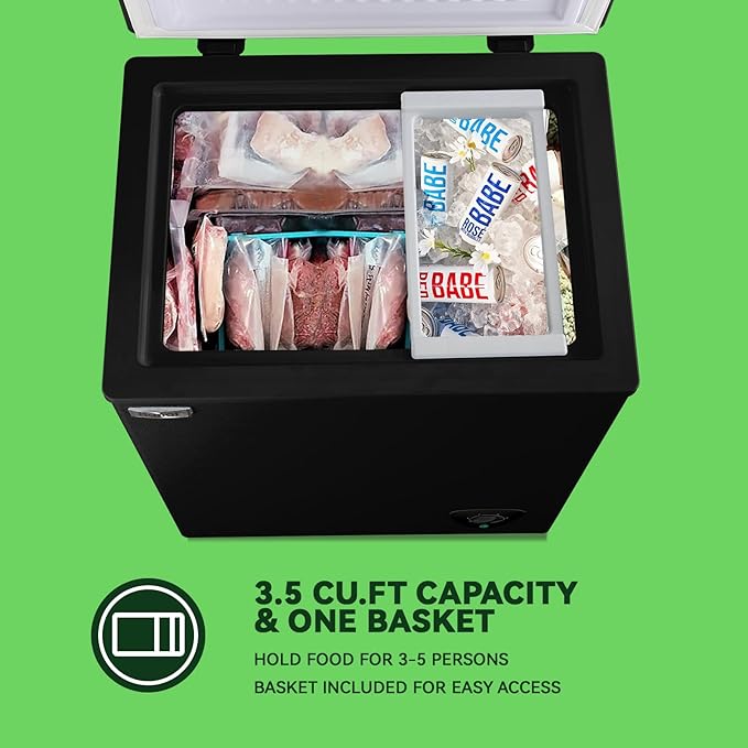 Chest Freezer Small Deep Freezer Black 3.5 Cu.Ft Free-Standing Top Door Freezer Adjustable 7 Thermostat and Removable Basket Open Garage Basement Apartment Kitchen Business