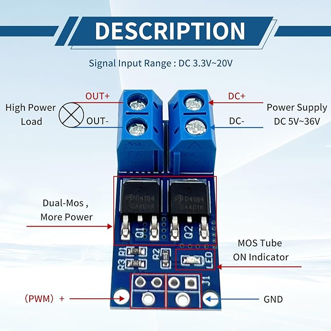 11PCS MOSFET Switch Driver Module, DC 5V-36V 15A (30A Peak 400W) PWM Control for Motors & LED Strips, Low Heat Design, Compatible with Arduino/Raspberry Pi