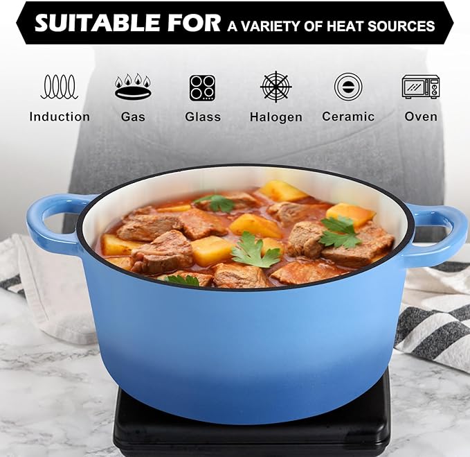 TeamFar 5Qt Dutch Oven, Enameled Cast Iron Dutch Oven with Lid & Dual Handles for Cooking Baking Braising Simmering, Healthy & Sturdy, Oven & Various Stovetops Safe, Non-stick & Easy Clean - Blue