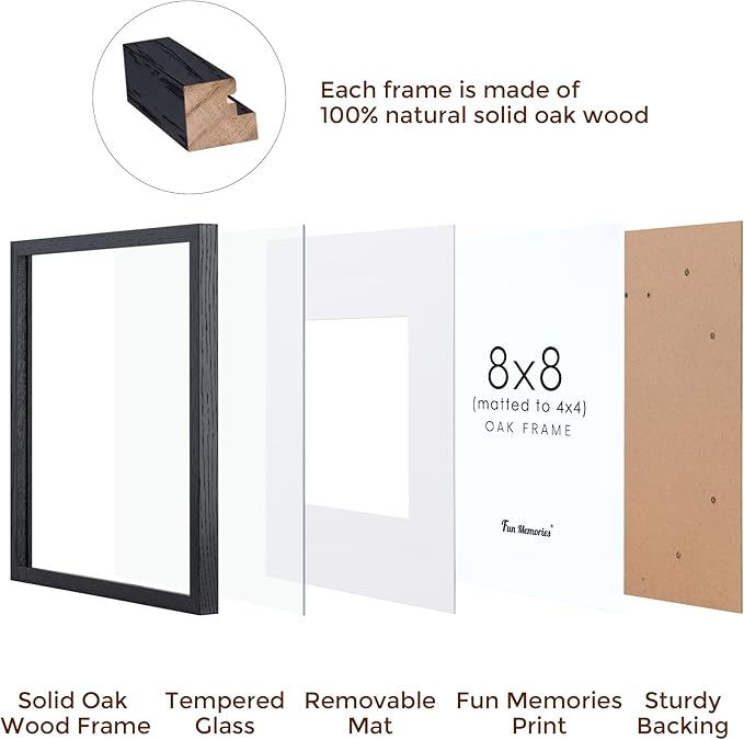 8x8 Picture Frames Black Set of 3, Solid Oak Wood 8”x8” Picture Frame Matted to 4”x4”,Square 8 x 8 Natural Wood Frame with Tempered Real Glass, Rustic 8x8 Photo Frame for Wall & Tabletop Display