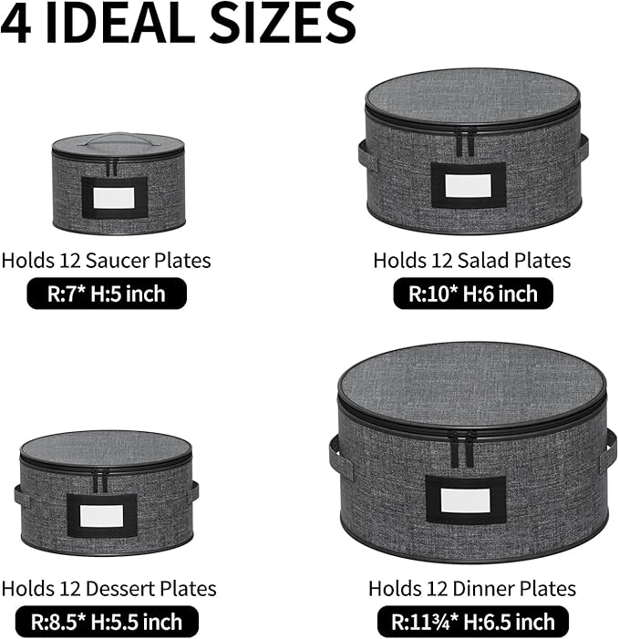 Aokeyee 4-Piece Plate Storage Box, Hard Shell Storage Containers with 48 Soft Dividers for Saucer, Dessert, Salad & Dinner Plates, Sturdy Quilted Stackable Dish Organizer for Moving & Protection, Grey