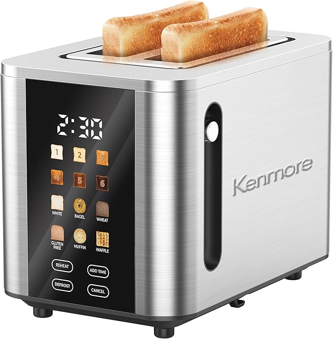 Kenmore 2-Slice Toaster - Color Touch Screen & 6 Shade Settings, Extra Wide Slots, Digital Countdown Timer, Customizable Smart Presets, Reheat, Defrost, Add Time Functions, Stainless Steel