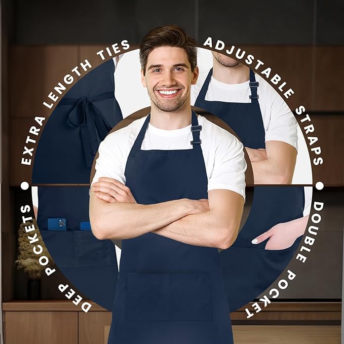 Adjustable Bib Apron 100% Polyester Kitchen Aprons Waterdrop Resistant Aprons with Adjustable Strap, Pockets & Long Ties