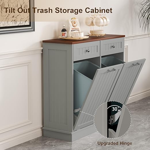 Tilt Out Trash Can Cabinet with Double Hidden Can Holder, Kitchen Free Standing Recycling Cabinet, Dog Proof, Wood, Gray