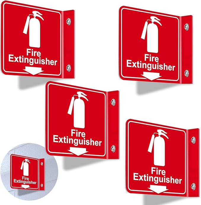 Fire Extinguisher Sign,4 Pack 6" Polished Acrylic Fire Extinguisher Signs with Down Arrow for Business,With Rustproof Mounting Screws and Double-sided Adhesive Tapes,Indoor or Outdoor Use