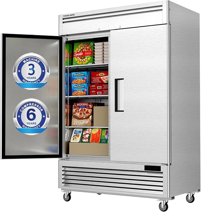 Coolake 54" W Commercial Freezer, 49 Cu Ft Solid Door Upright Freezer with 8 Adjustable Shelves, -13°F ~ -5°F, Frost-free Stainless Steel Industrial Reach-in Freezer for School Restaurant Prep Kitchen