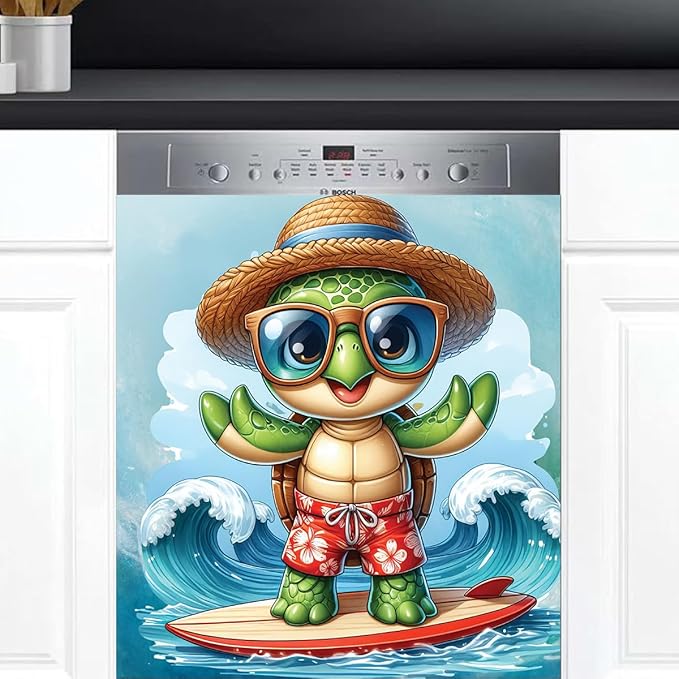 Dishwasher Magnet Cover Ocean Summer Turtle Front Dishwasher Cover Decoration Reusable Magnetic Door Cover Panel Decal Home Appliances Stickers Kitchen Refrigerator Fridge 23"x26"