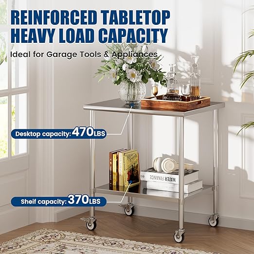 Stainless Steel Work Table with Wheels, 30x36 Inch NSF Kitchen Prep Table with Adjustable Undershelf for Commercial Restaurant, Garage, Outdoor BBQ