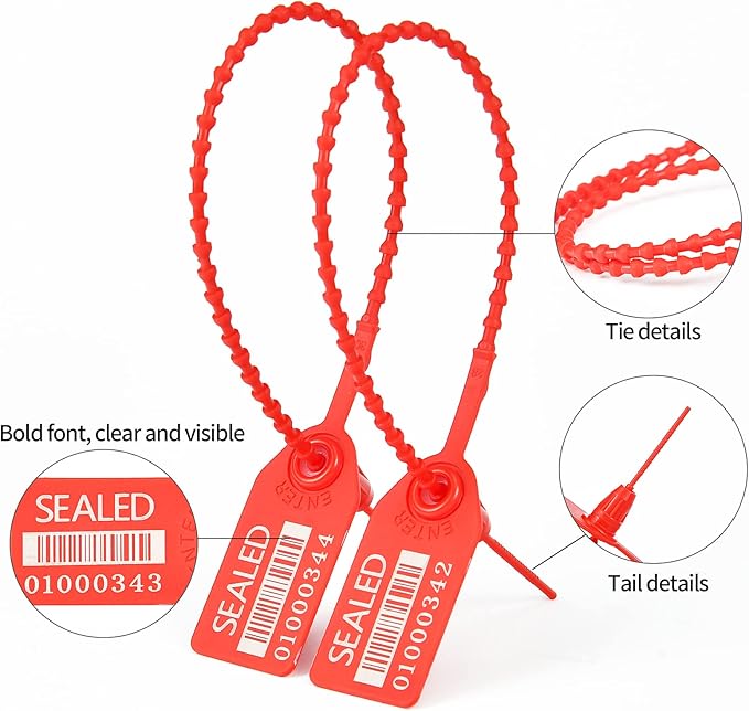 500 Red Plastic Barcode Seals, Numberd Plastic Tamper Seals Security Tags, Pull-Tite Safety Zip Ties, Tamper Proof Tags Plasic Locks for Fire Extinguishers