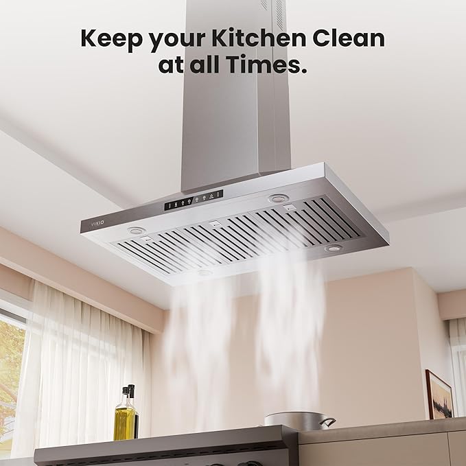 36In Island Range Hood, 390 CFM Stainless Steel Ducted Island Mount Range Hood, kitchen island vent hood with 3-Speed Fan, Touch/Gesture, 3 Stainless Steel Baffle Filters, Ceiling Mount