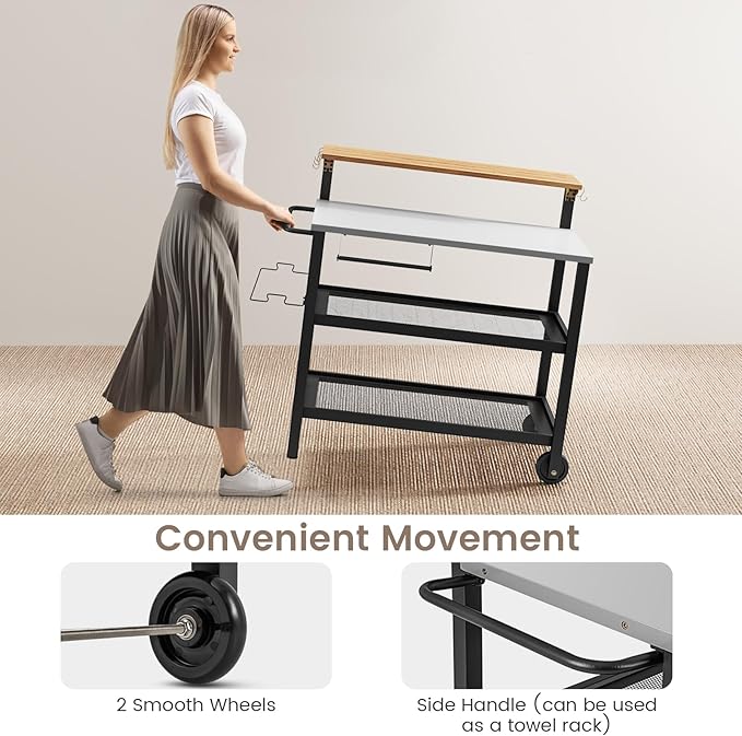 GOFLAME Outdoor Patio Cart Table, Kitchen Shelf on Wheels with Flip Top, Trash Bag Holder, Movable Hooks, Side Handle, Rolling Dining Grill Table, 4-Tier Serving Cart for Home, Bar, with Chairs