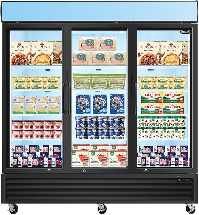 mikibama Glass Door Merchandiser Freezer, 70 Cu.ft Swing Door Commercial Reach-In Display Refrigerator with LED Top Panel Upright Freeze Storage, Three Cabinets, Black