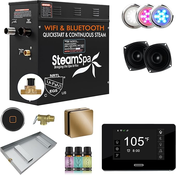 SteamSpa Steam System 7.5kW Steam Shower Generator with Bluetooth Wifi, Quickstart Continous Steam, Advanced Touch Pad Screen, Chroma Lights, Drain Pan and Auto Drain Gold RVBS750GD-A