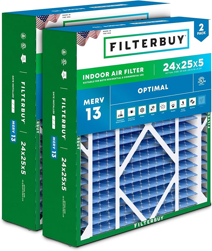Filterbuy 24x25x5 Air Filter MERV 13 Optimal Smoke & Allergy Defense (2-Pack), Electrostatic Pleated HVAC AC Furnace Filters for Carrier FILXXCAR0024, Maytag & More (Actual Size: 23.63 x 24.69 x 4.25)