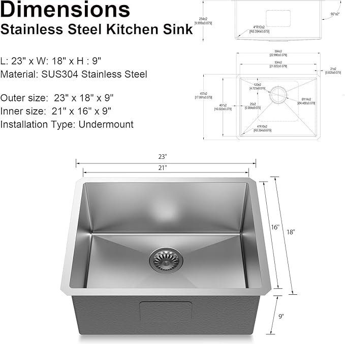 23 inch Undermount Handmade 18 Gauge Single Bowl Stainless Steel Kitchen Sink with Accessories