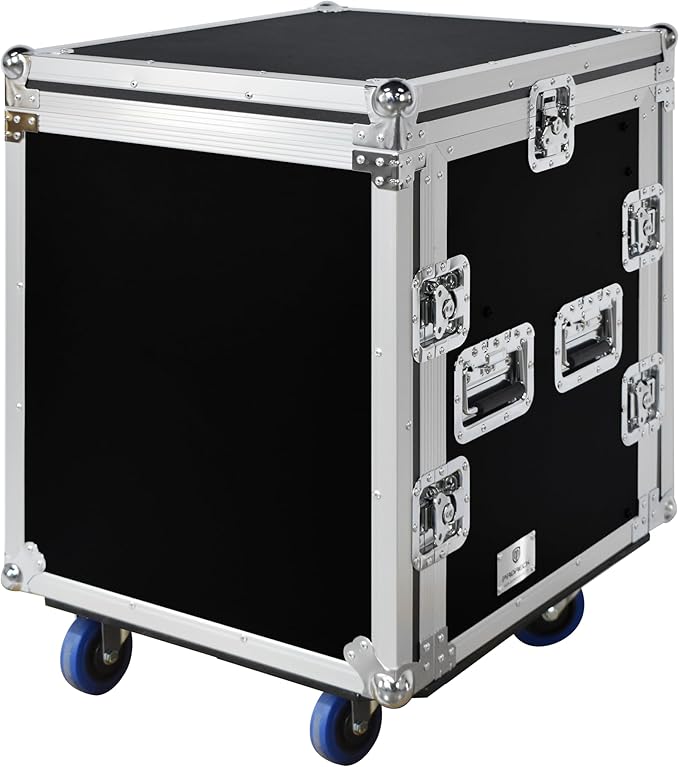 PRORECK 12U Rack/Road Case With Slant Mixer Top, One Side table And Casters, 20'' Rackable Depth, Plywood, 12U Installation Size, Pro Stage Performance.