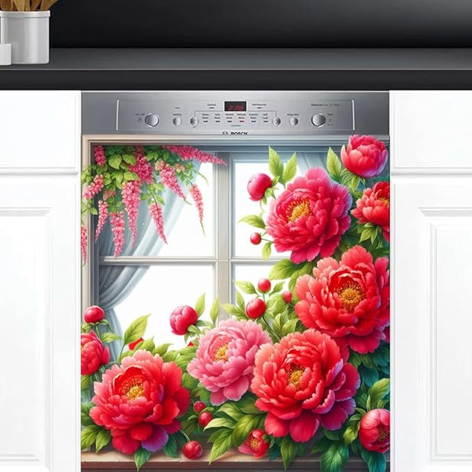 Dishwasher Magnet Cover Flower Red Beautiful Dishwasher Decorative Cover Front Dishwasher Door Cover Reuseable Dishwasher Cover Panel Decal for Kitchen Refrigerator Home Appliances 23" X 26"