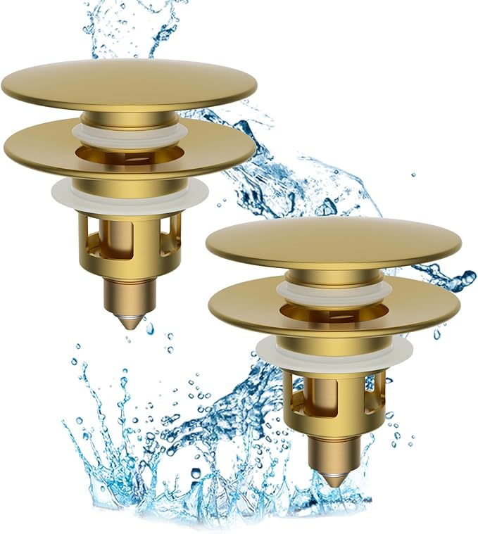 Hibbent 2 Pack All Metal Bathroom Sink Stopper, Universal Pop Up Drain Strainer, Brass Bullet Core Push Type Sink Stopper for 1.1''~2.3'' Basin, Big Push Button, Anti Clogging Filter, Brushed Gold