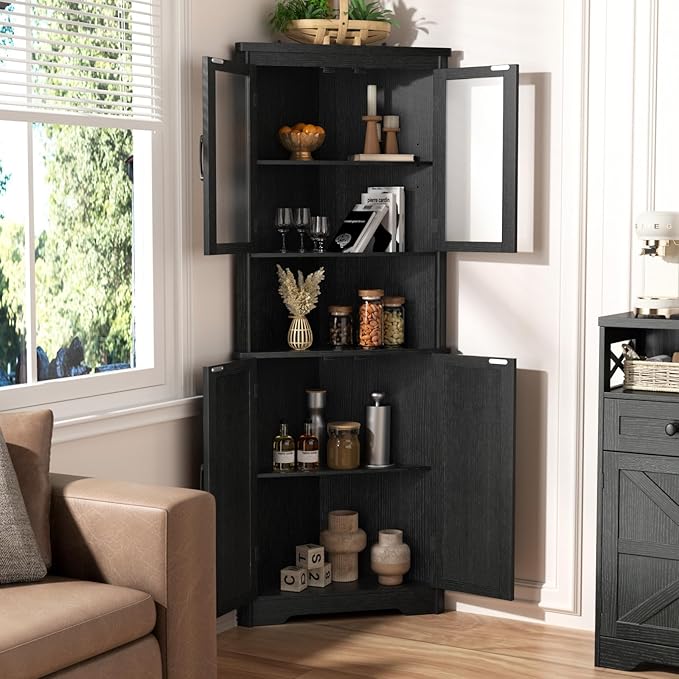 67''H Black Tall Farmhouse Corner Storage Cabinet with 4 Tempered Glass Doors and Barn Doors, Narrow Bathroom Cabinet with 5 Adjustable Shelves, Corner Hutch for Kitchen, Dining Living Room