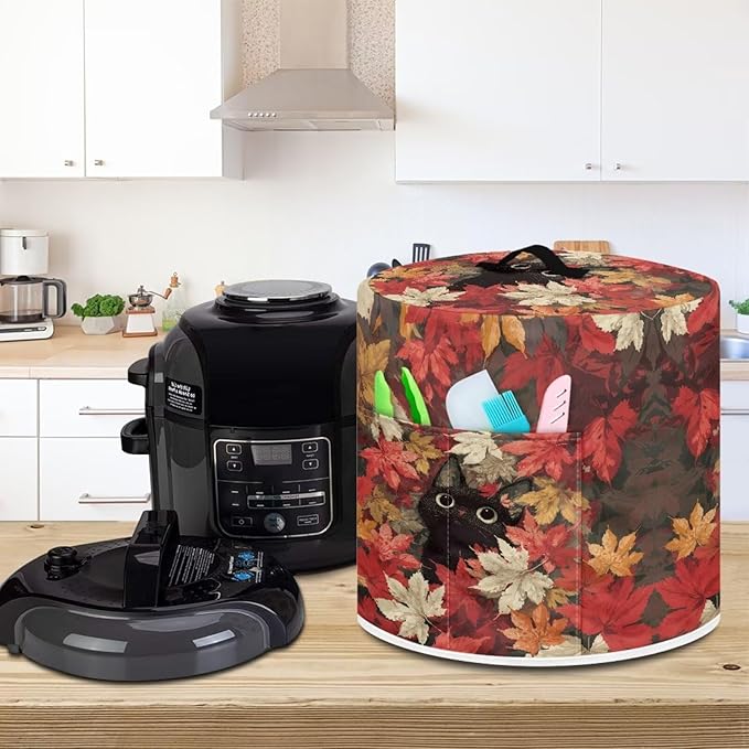 Xoenoiee Cat Maple Leaf Kitchen Appliance Dust Cover with Pockets, Electric Pressure Cooker Cover Compatible with Crock Pot, Rice Cooker Covers Fall Decor, for 6 Qt Pot