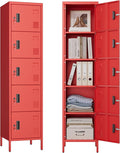 METAN Metal Storage Employees Locker with 5 Lockable Doors,Locking Storage Cabinets for Small Spaces,Home,School,Gym,Assembly Required,Red