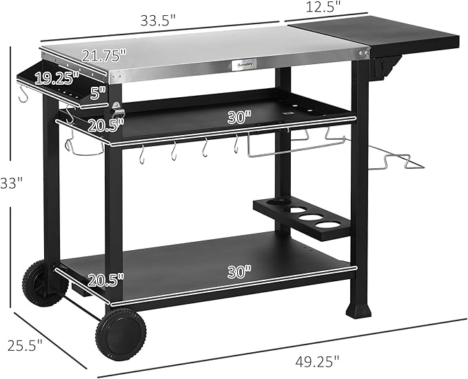 Outsunny Outdoor Grill Cart with Foldable Side Table, 46" x 21.75" Multifunctional Stainless Steel Pizza Oven Stand with Three-Shelf, Movable Food Prep Table on Wheels, Black