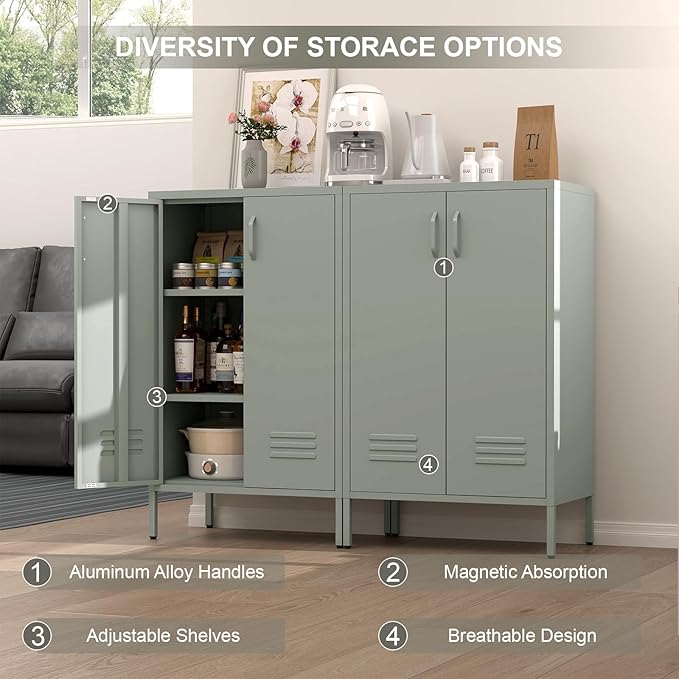 Metal Cabinet,Entryway Storage Cabinets with Adjustable Shelves,Metal Locker Cabinet for Classroom,Living Room,Grey Green