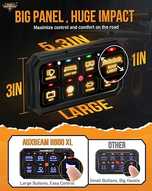 Auxbeam 8 Gang Switch Panel RA80 XL RGB Momentary Pulsed Toggle Switch Panel, Dimmable Backlight Multifunction Switch Panel with Memory Function for 12-24V Truck Offroad Car Marine, 2 Years Warranty