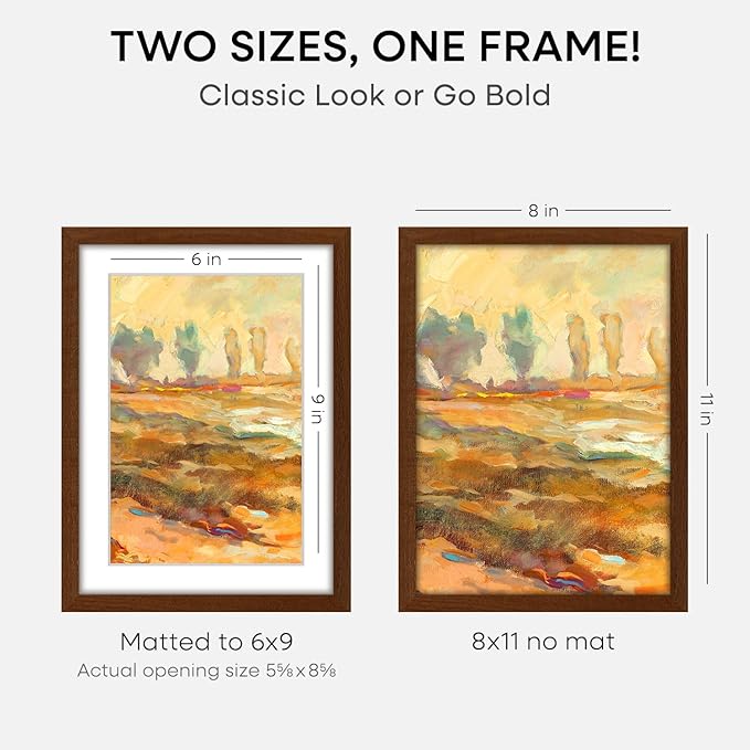Homeforia 11x8 Picture Frame Brown, High End Dark Oak 8x11 Walnut Wooden Frames with Mat 6x9 Photo, 8 x 11 Wood Frame Matted to 6 by 9 Print, Wall or Tabletop Frame, Tempered Glass, Wall Kit, Set of 1