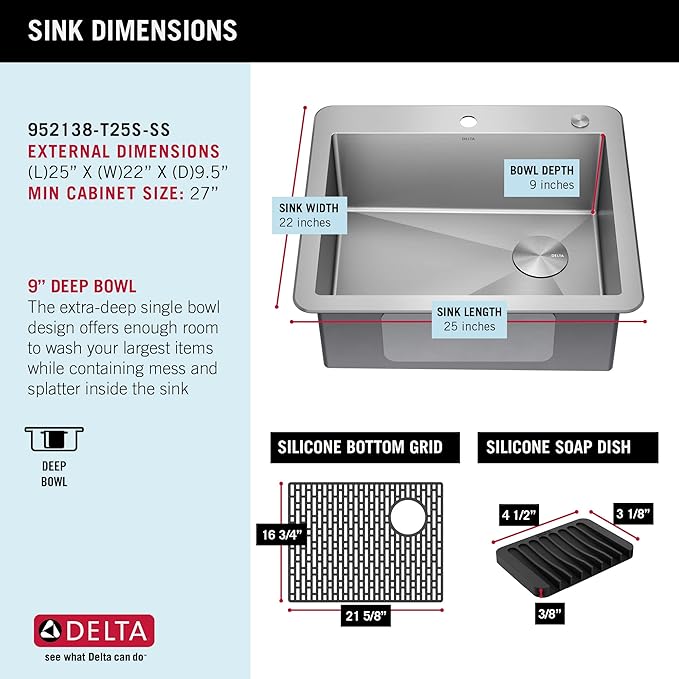 DELTA FAUCET Delta Marca 25 Inch Drop-In Undermount Stainless Steel Single Bowl Kitchen Sink with Accessories