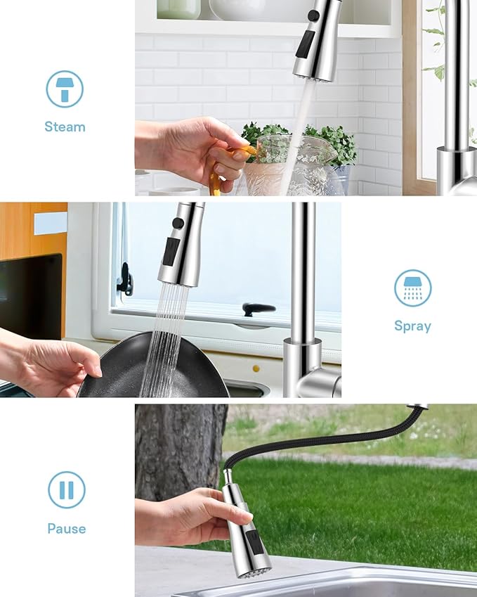 WEWE Kitchen Faucet with Pull Down Sprayer and Soap Dispenser, Stainless Steel Kitchen Sink Faucets, 3-Mode High Arc Single Handle Faucet for RV Farmhouse, Polished Chrome