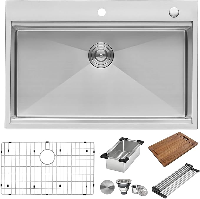Ruvati 30 x 22 inch Workstation Drop-in Tight Radius Topmount 16 Gauge Ledge Stainless Steel Kitchen Sink Single Bowl - RVH8030