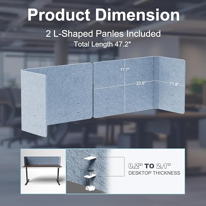 Desk Privacy Panel,2PCS L-Shaped Clamp-On Office Desk Divider,2-in-1 Adjustable Acoustic Desktop Partition Or Under Desk Modesty Screen,for Office,Home,Felt(Blue, 47.2" x 17.7")