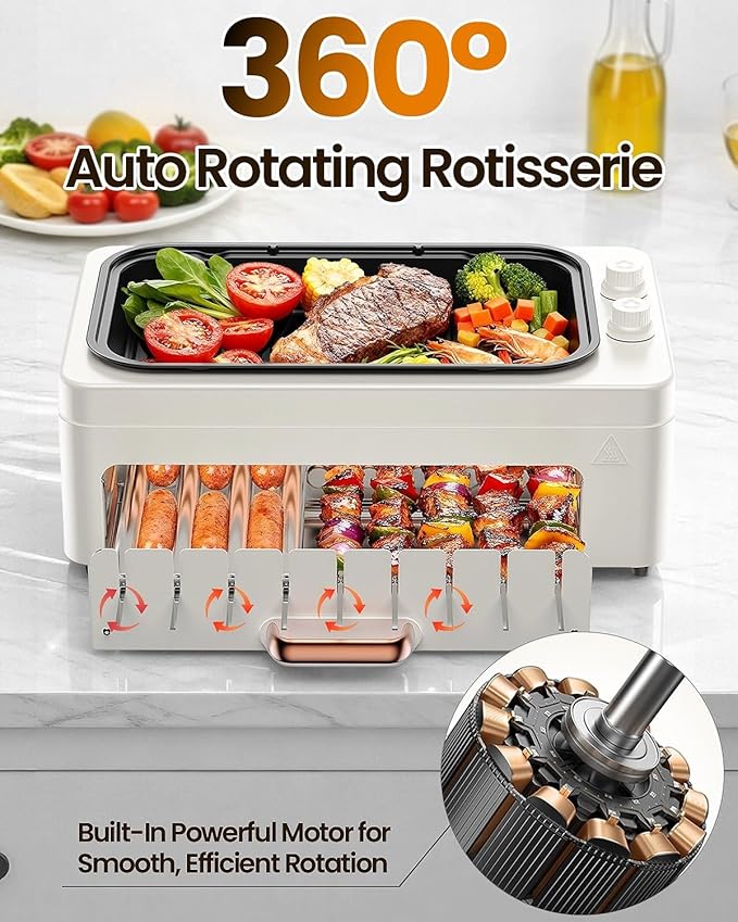 4-in-1 Electric Indoor Grill Smokeless for Home,Countertop Electric Grill with Removable Sizzling Grill Pan & Grate + Auto Rotating Kabob Skewers + Electric Hot Dog Roller Dual Zone Cook with Lid