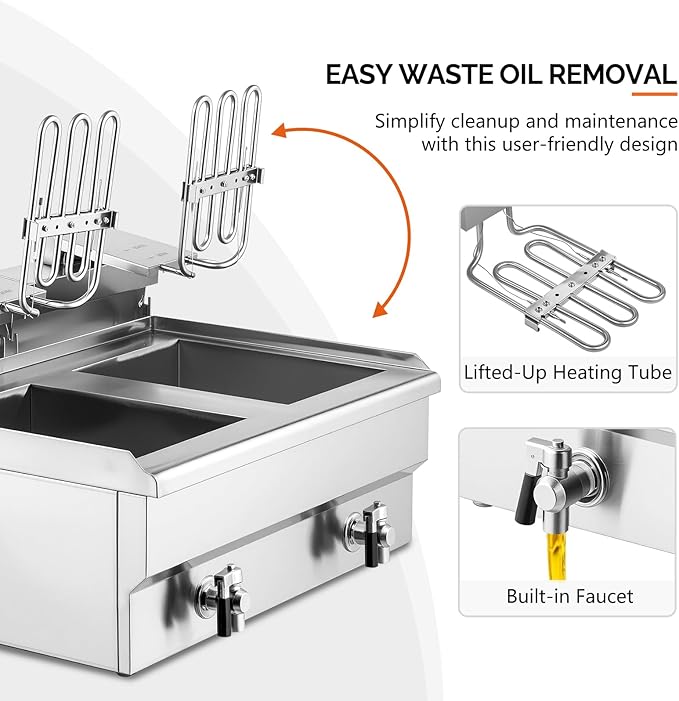 ROVSUN 24.9QT Electric Deep Fryer w/Frying Baskets Timer Drains & Lids, Dual Tank Kitchen Countertop Commercial Frying Machine, Adjustable Temperature, for French Fries Donuts Onion Rings, 3400W 110V
