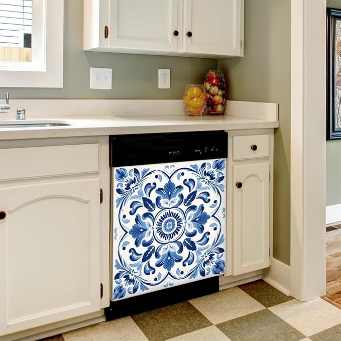 Dishwasher Magnet Cover Blue Ethnic Flower Paisley Reusable Dishwasher Magnetic Cover Sticker Decorative Dish Washer Door Cover Panel for Home Kitcen Appliance
