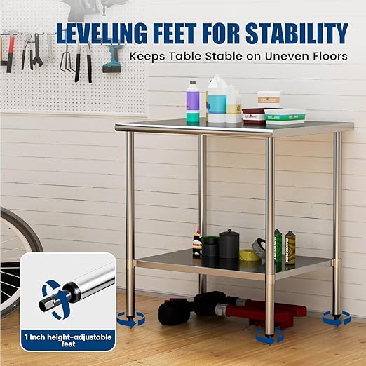 Stainless Steel Work Table 30 x 36 Inch with Adjustable Undershelf, Heavy-Duty Metal Prep Table for Commercial Kitchen & Restaurant, Garage, Outdoor