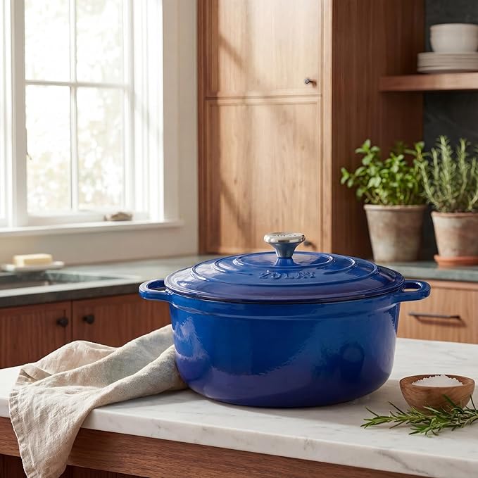Zulay Kitchen 6 Quart Enameled Cast Iron Dutch Oven Pot with Lid – Premium Durability & Oven Safe up to 500°F – Heavy Duty Cookware Perfect for Bread Baking, Stews, Braising & Roasting – Blue